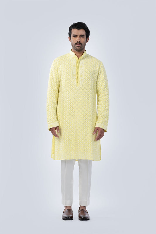 LEMON YELLOW CHICKANKARI KURTA - Arjuun Kilachand