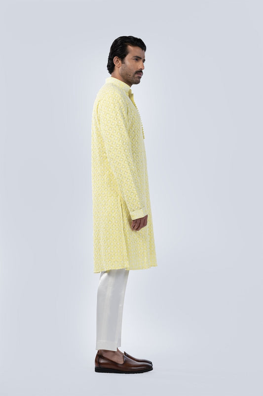 LEMON YELLOW CHICKANKARI KURTA - Arjuun Kilachand