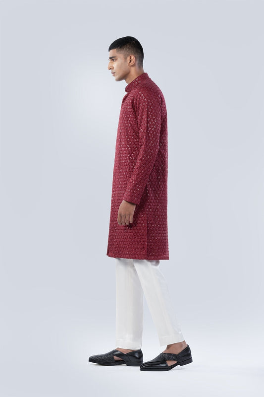 MAROON GEOMETRIC JAAL KURTA - Arjuun Kilachand