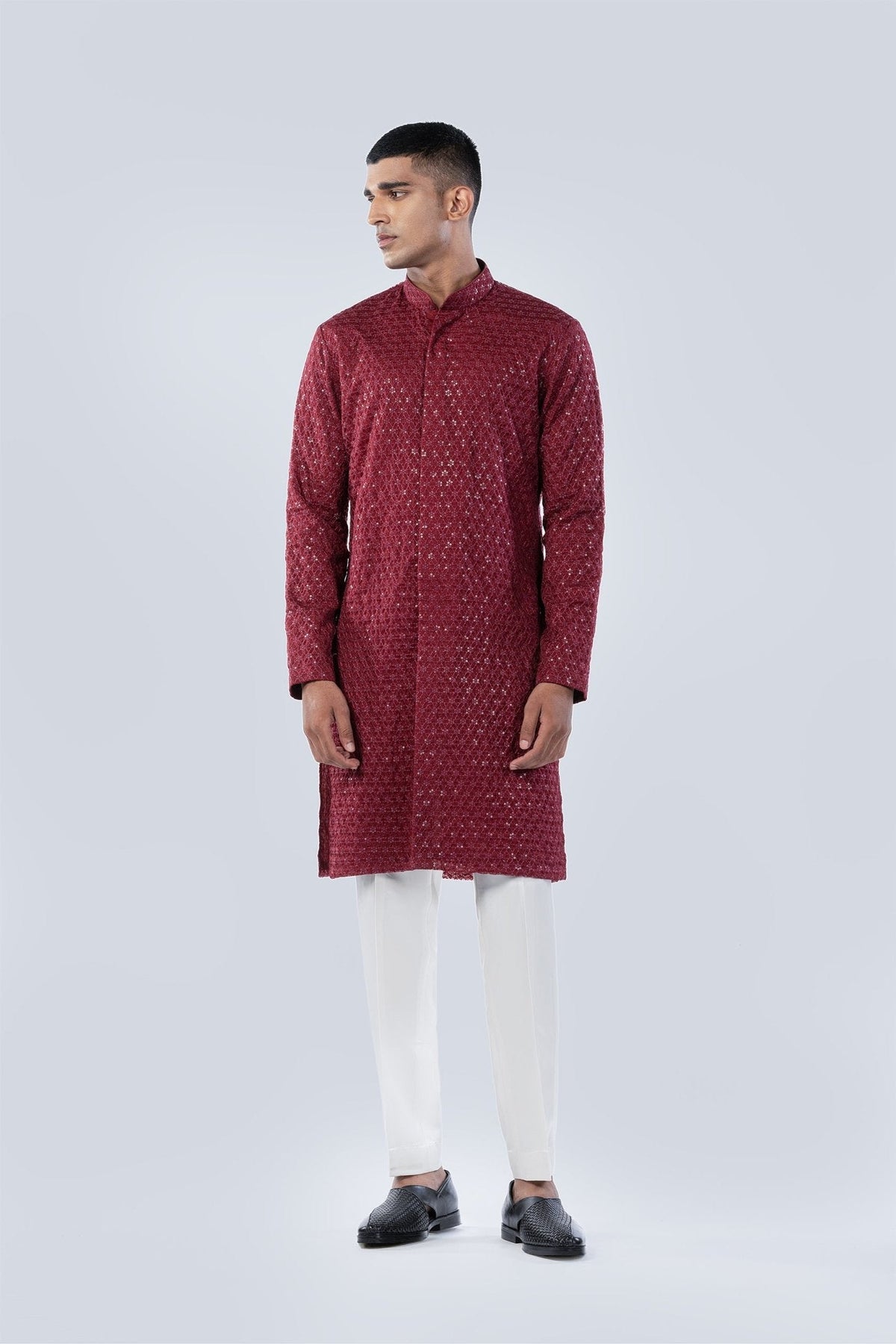 MAROON GEOMETRIC JAAL KURTA - Arjuun Kilachand