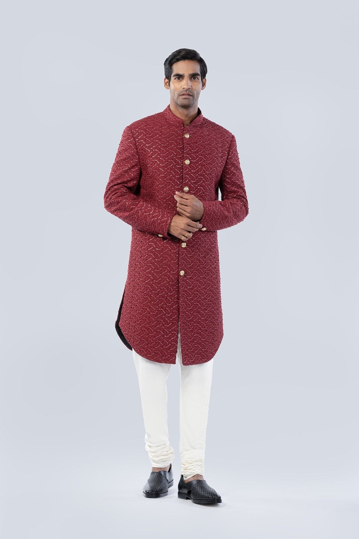 MAROON HAND EMBROIDERED SHERWANI - Arjuun Kilachand