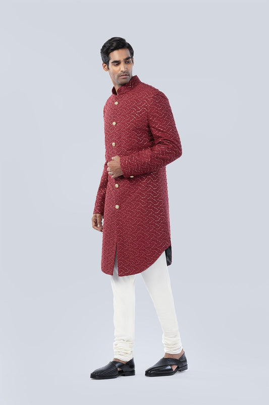 MAROON HAND EMBROIDERED SHERWANI - Arjuun Kilachand