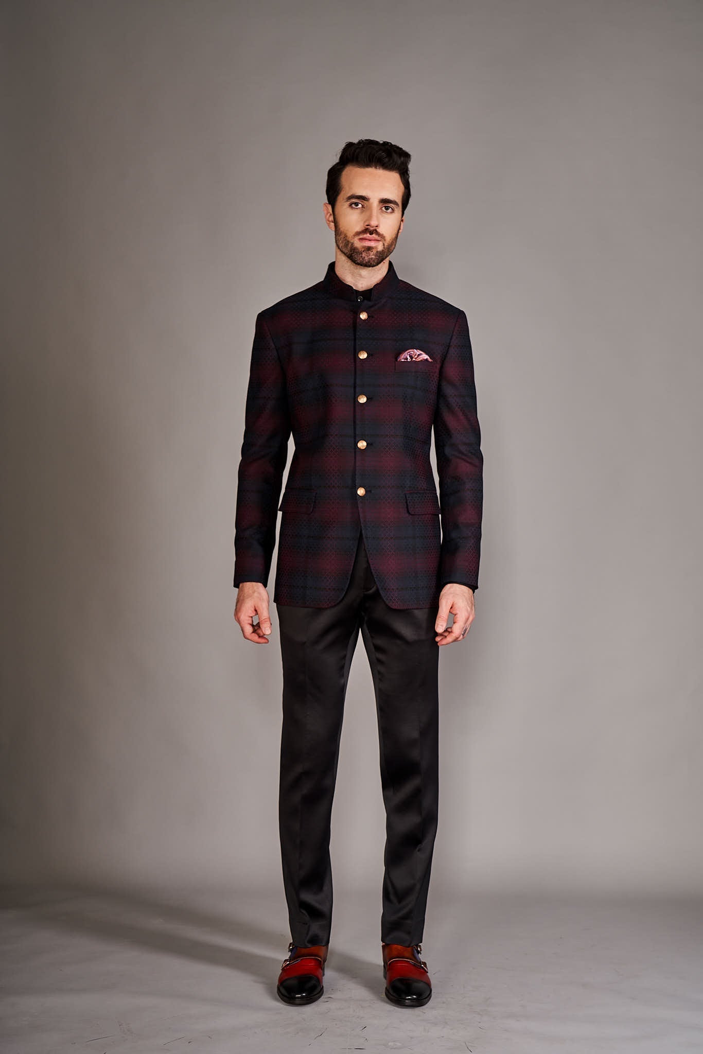 MAROON/BLACK BANDGALA SUIT - Arjuun Kilachand