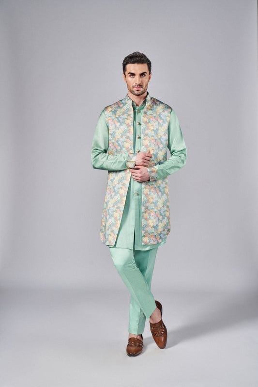 MINT GREEN ALL OVER PRINTED BUNDI SET - Arjuun Kilachand