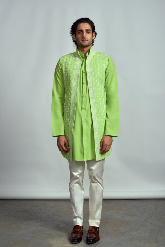 MINT GREEN CHIKANKARI BUNDI SET - Arjuun Kilachand