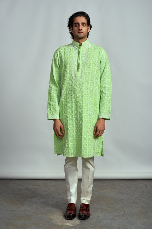 MINT GREEN CHIKANKARI KURTA - Arjuun Kilachand