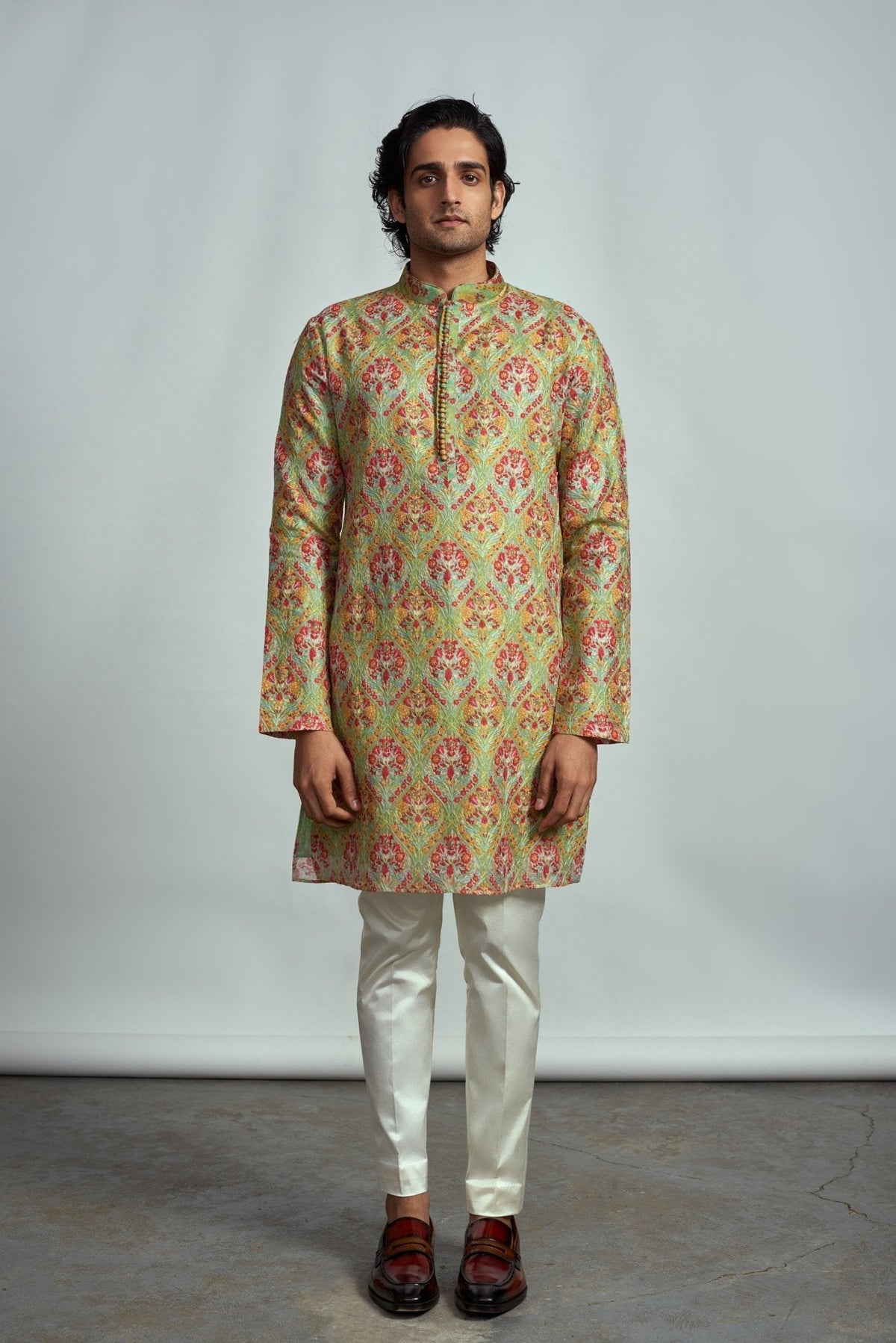 MINT GREEN FLORAL THREAD EMBROIDERED KURTA - Arjuun Kilachand