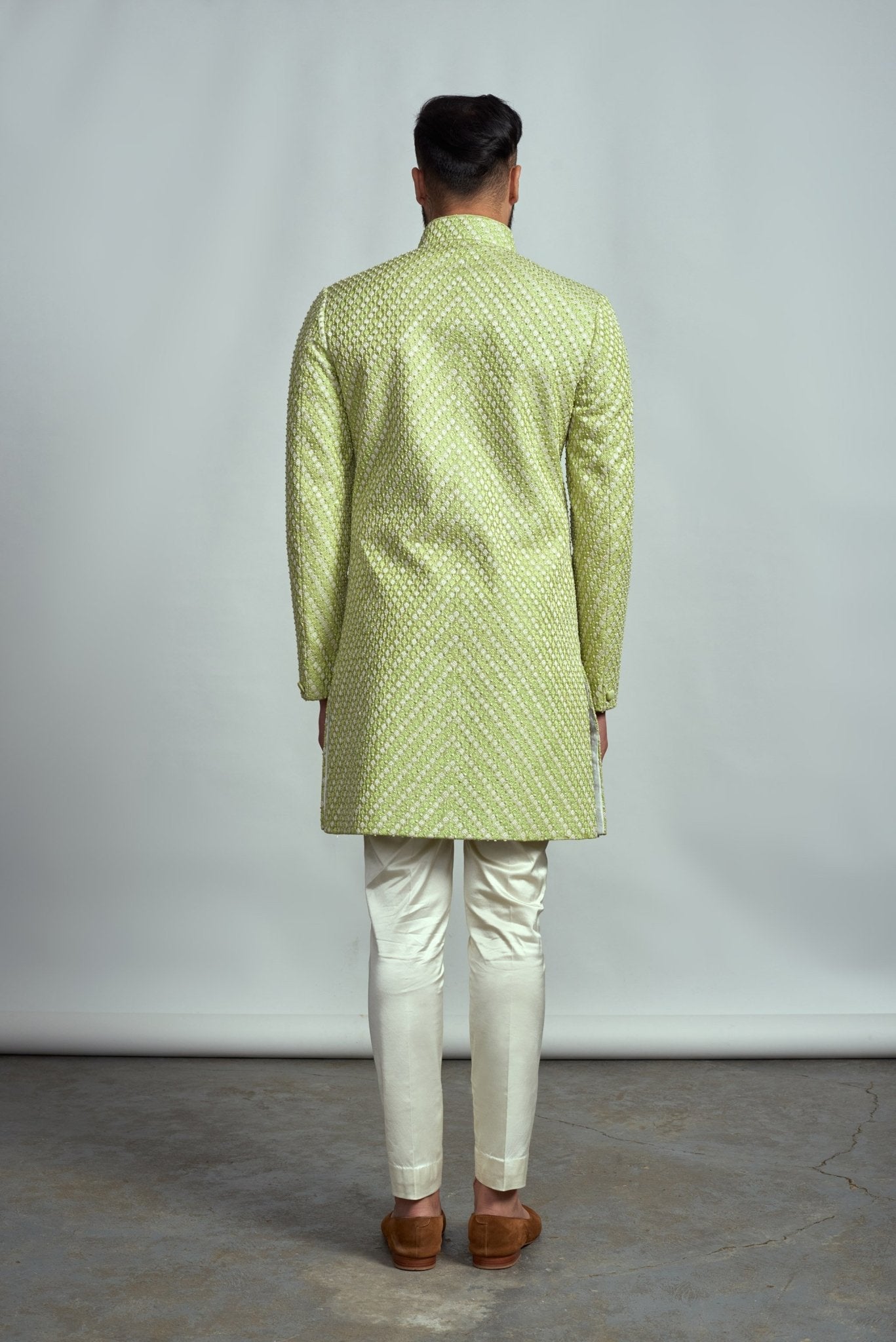 MINT GREEN HAND EMBROIDERED SHERWANI - Arjuun Kilachand