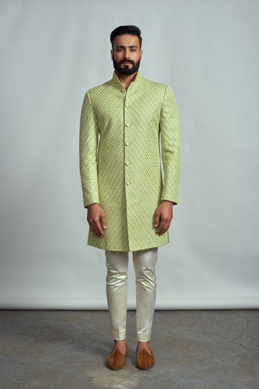 MINT GREEN HAND EMBROIDERED SHERWANI - Arjuun Kilachand