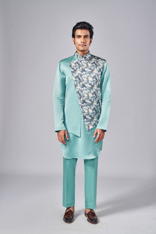 MINT GREEN PRINTED OVERLAP BUNDI SET - Arjuun Kilachand