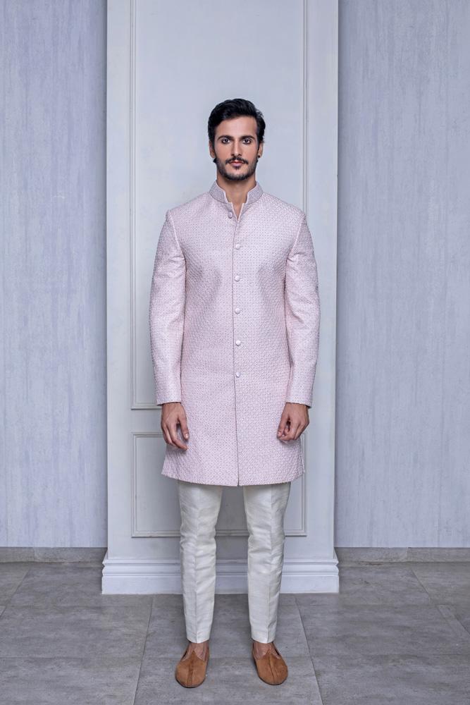 MISTY ROSE RAW SILK SHERWANI - Arjuun Kilachand