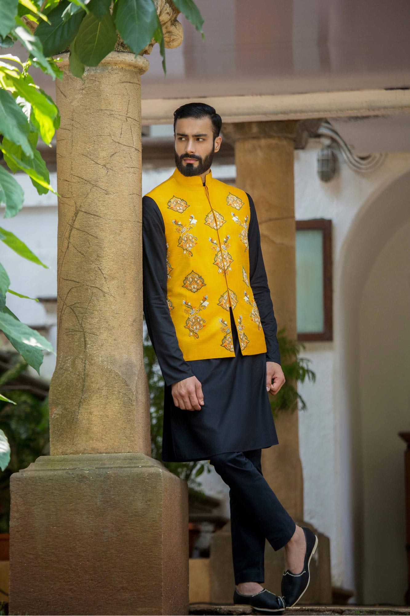 MUSTARD YELLOW HAND EMBROIDERED BUNDI - Arjuun Kilachand