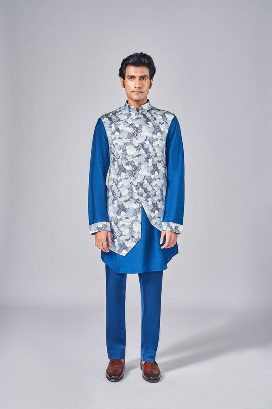 NAVY BLUE ALL OVER PRINTED BUNDI SET - Arjuun Kilachand