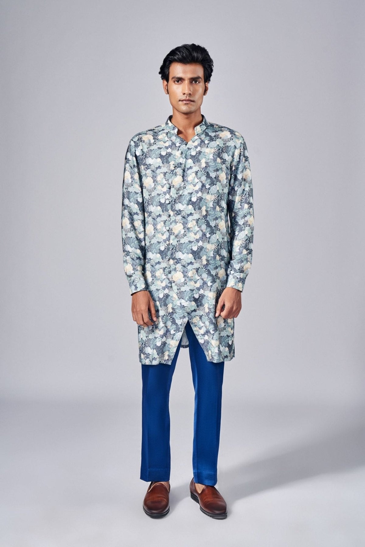 NAVY BLUE ALL OVER PRINTED KURTA - Arjuun Kilachand