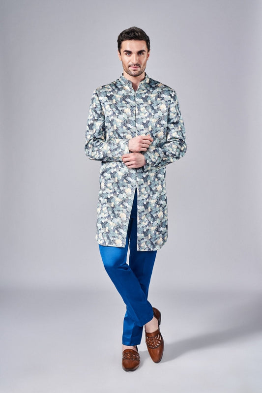 NAVY BLUE ALL OVER PRINTED SHERWANI SET - Arjuun Kilachand