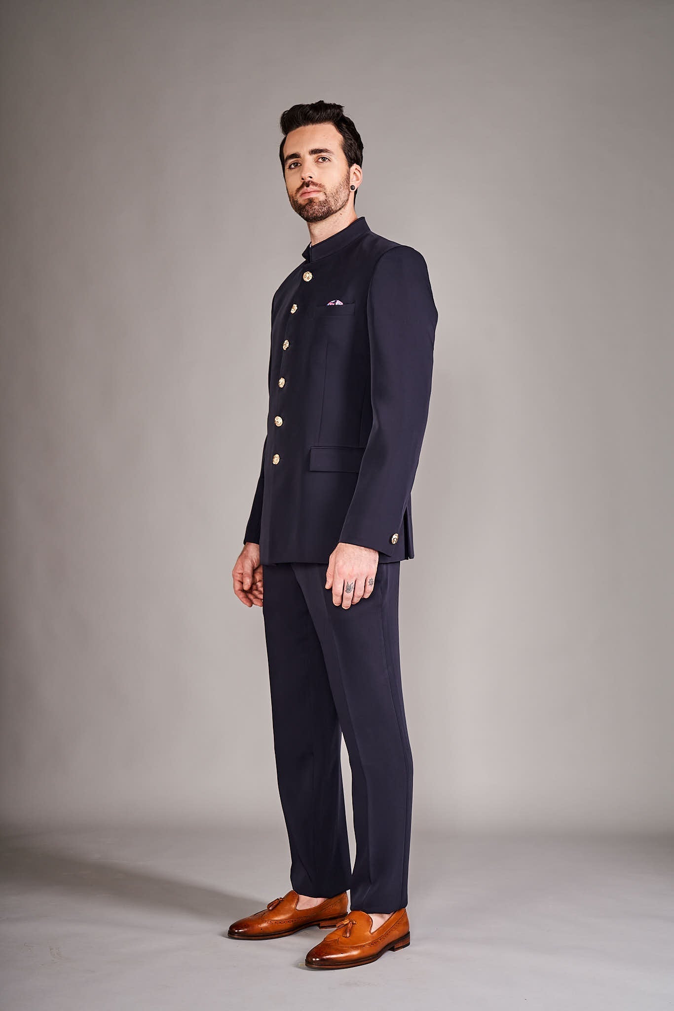 NAVY BLUE BANDGALA SUIT - Arjuun Kilachand