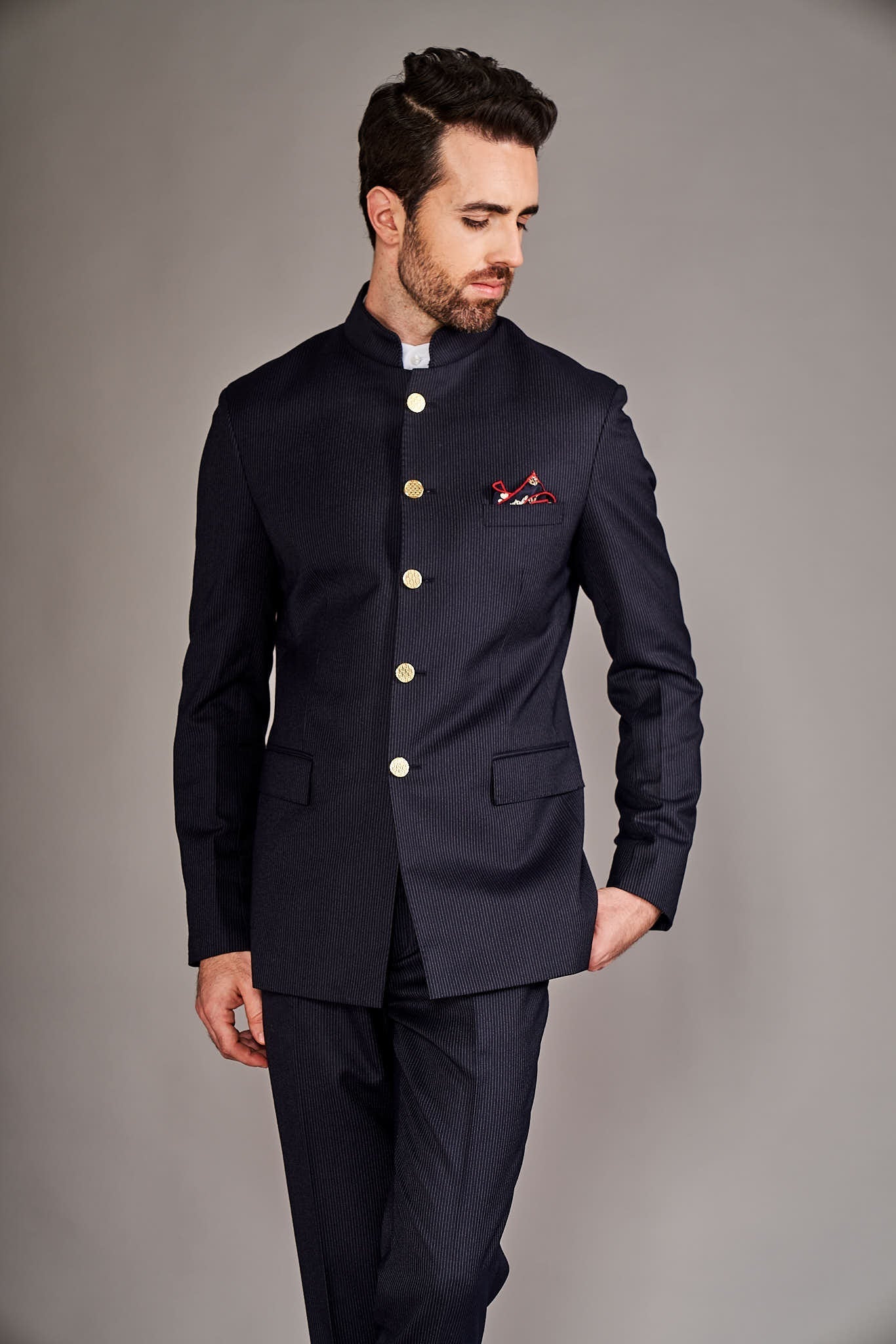 NAVY BLUE BANDGALA SUIT - Arjuun Kilachand