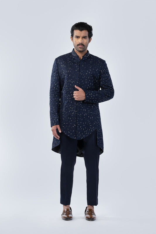 NAVY BLUE EMBROIDERED FUSION JACKET - Arjuun Kilachand