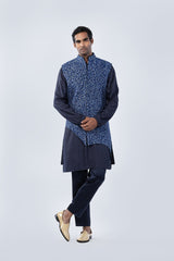 NAVY BLUE HAND EMBROIDERED BUNDI SET - Arjuun Kilachand