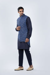 NAVY BLUE HAND EMBROIDERED BUNDI SET - Arjuun Kilachand