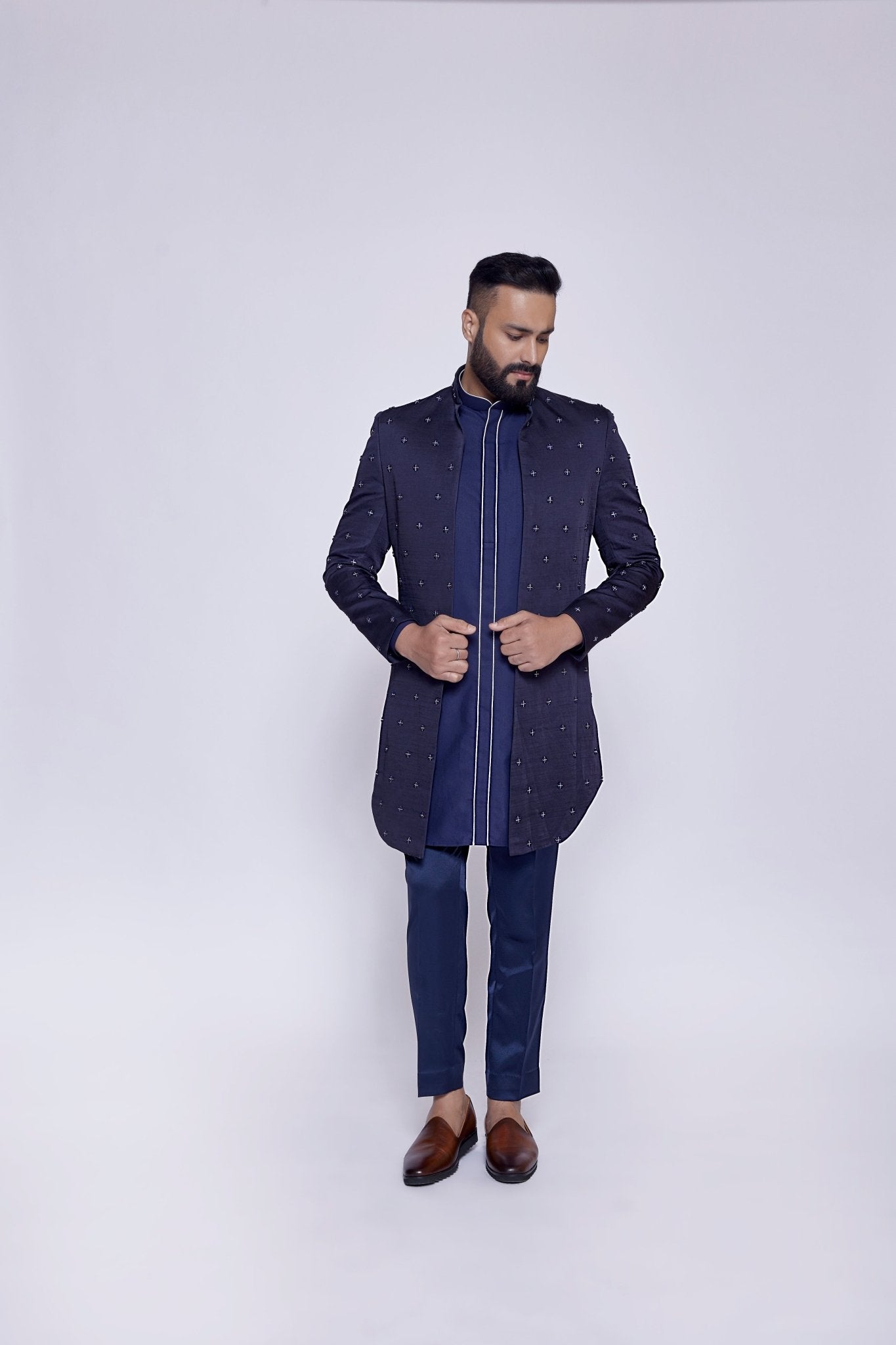 NAVY BLUE OPEN BUCKET CUT JACKET - Arjuun Kilachand