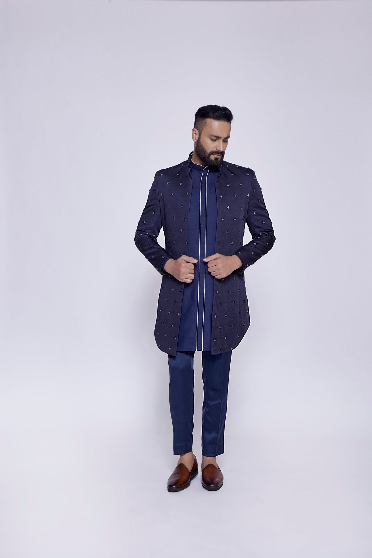 NAVY BLUE OPEN BUCKET CUT JACKET - Arjuun Kilachand