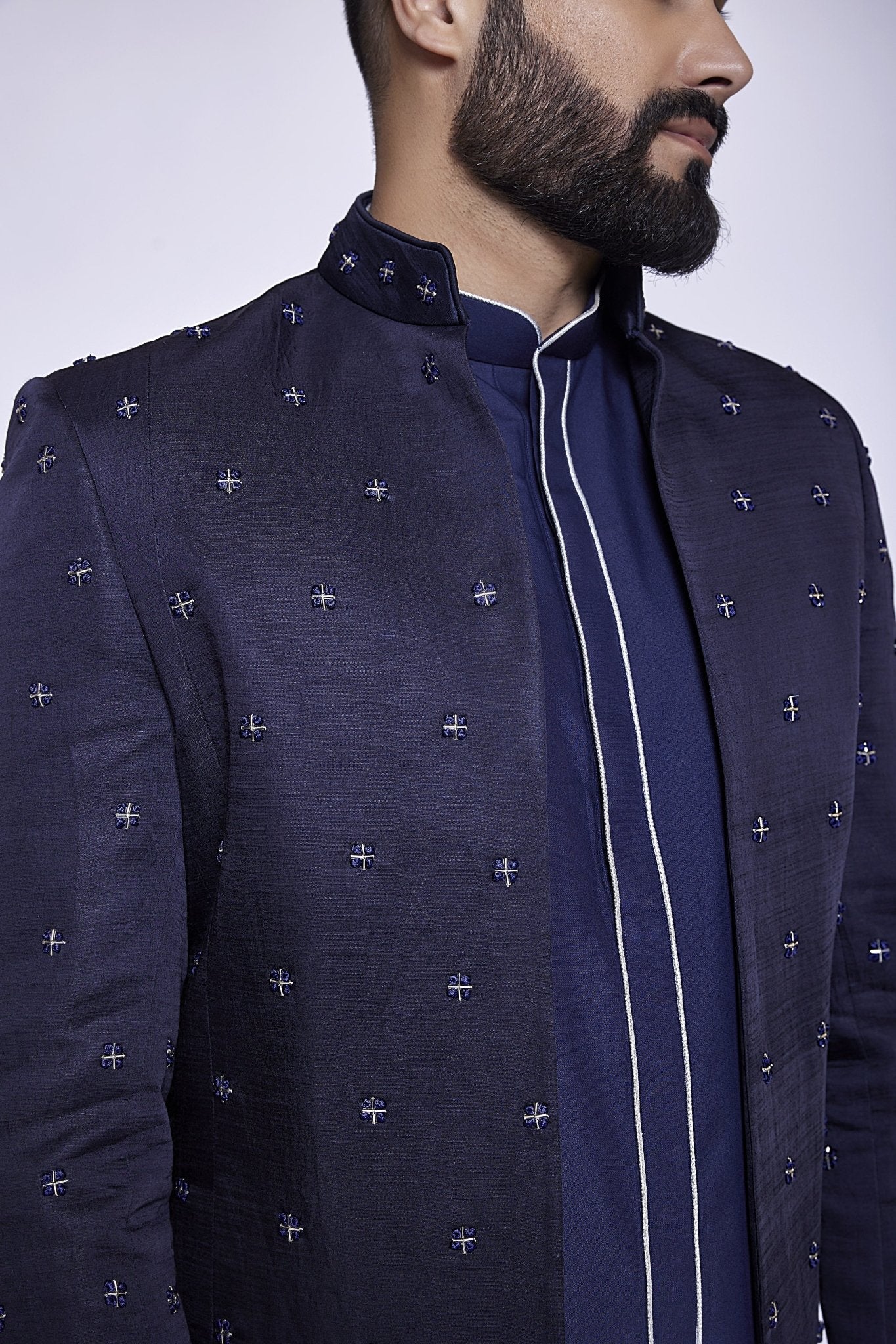 NAVY BLUE OPEN BUCKET CUT JACKET - Arjuun Kilachand