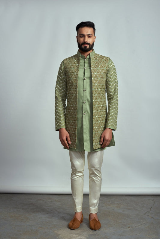 OLIVE GREEN EMBROIDERED DECONSTRUCTED BUNDI SET - Arjuun Kilachand