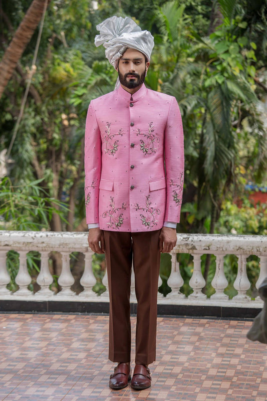 ROSE PINK HAND EMBROIDERED BANDGALA JACKET - Arjuun Kilachand