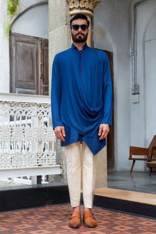 ROYAL BLUE DRAPE KURTA - Arjuun Kilachand