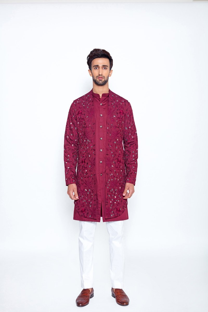 SANGRIA HIGH NECK DECONSTRUCTED BUNDI SET - Arjuun Kilachand