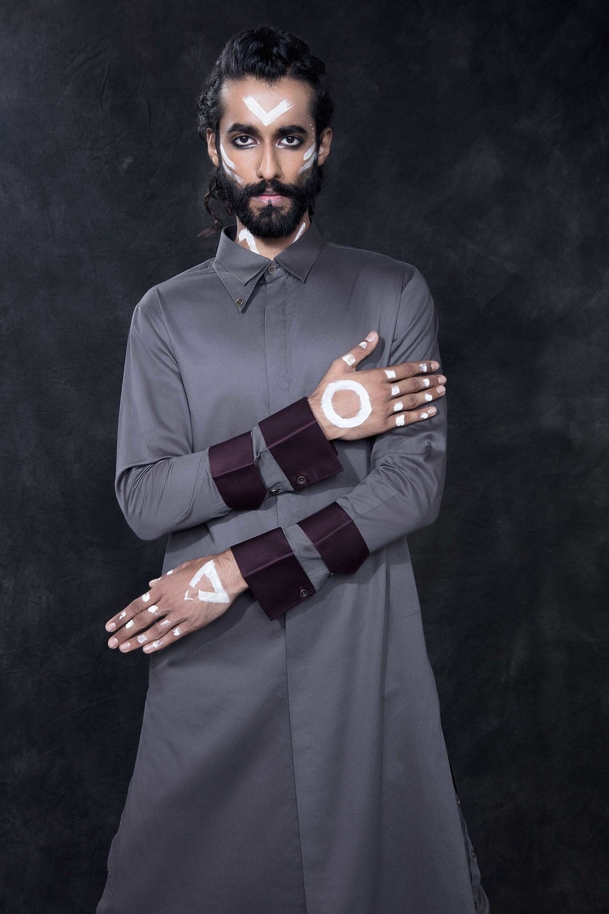 SLATE GREY DOUBLE COLLAR KURTA - Arjuun Kilachand