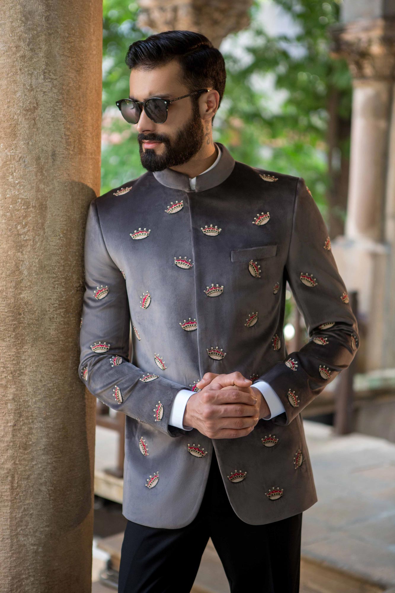 SLATE GREY HAND EMBROIDERED BANDGALA JACKET - Arjun Kilachand