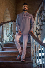 SLATE GREY HAND EMBROIDERED KURTA - Arjuun Kilachand