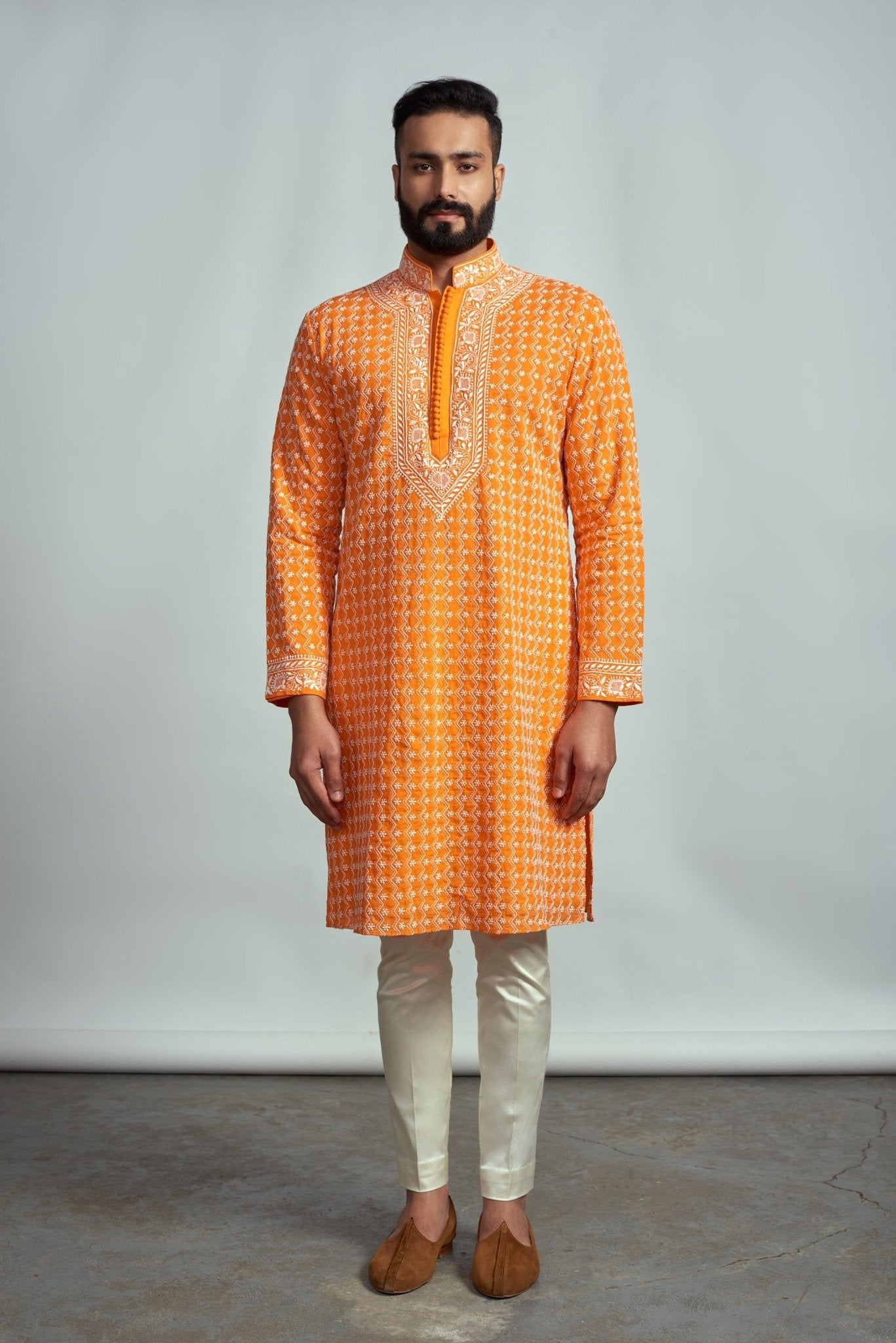 TANGERINE CHIKANKARI KURTA - Arjuun Kilachand