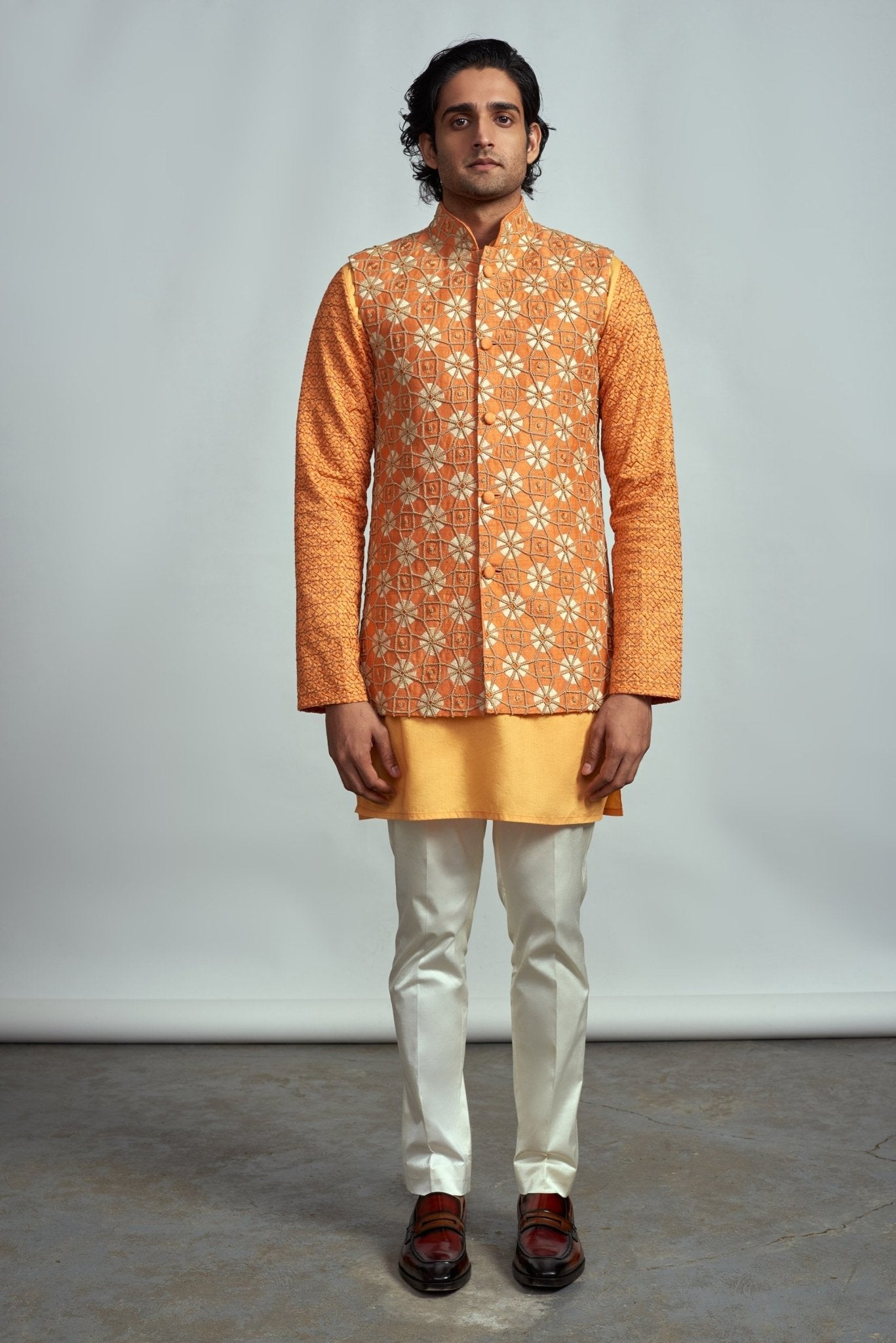 TANGERINE EMBROIDERED DECONSTRUCTED BUNDI SET - Arjuun Kilachand